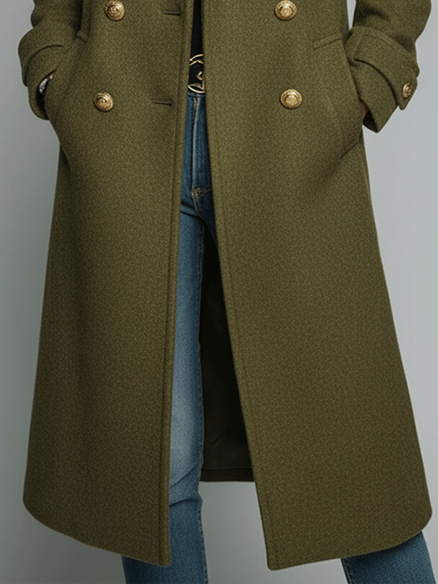 Vintage Olive Green Long Wool Blend Gold Buttons Trench Coat