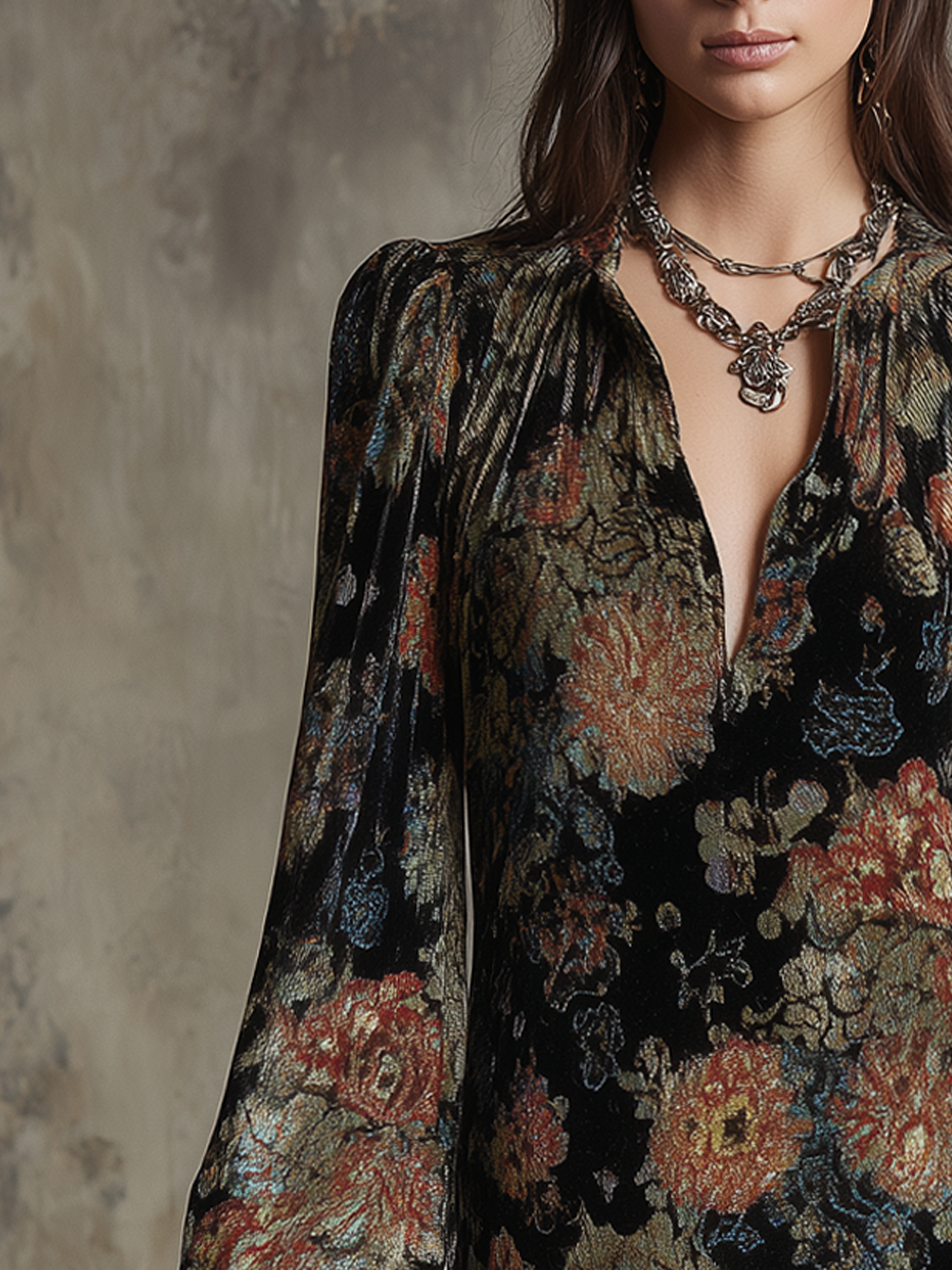Vintage Floral Pleated Neck Velvet Mini Dress