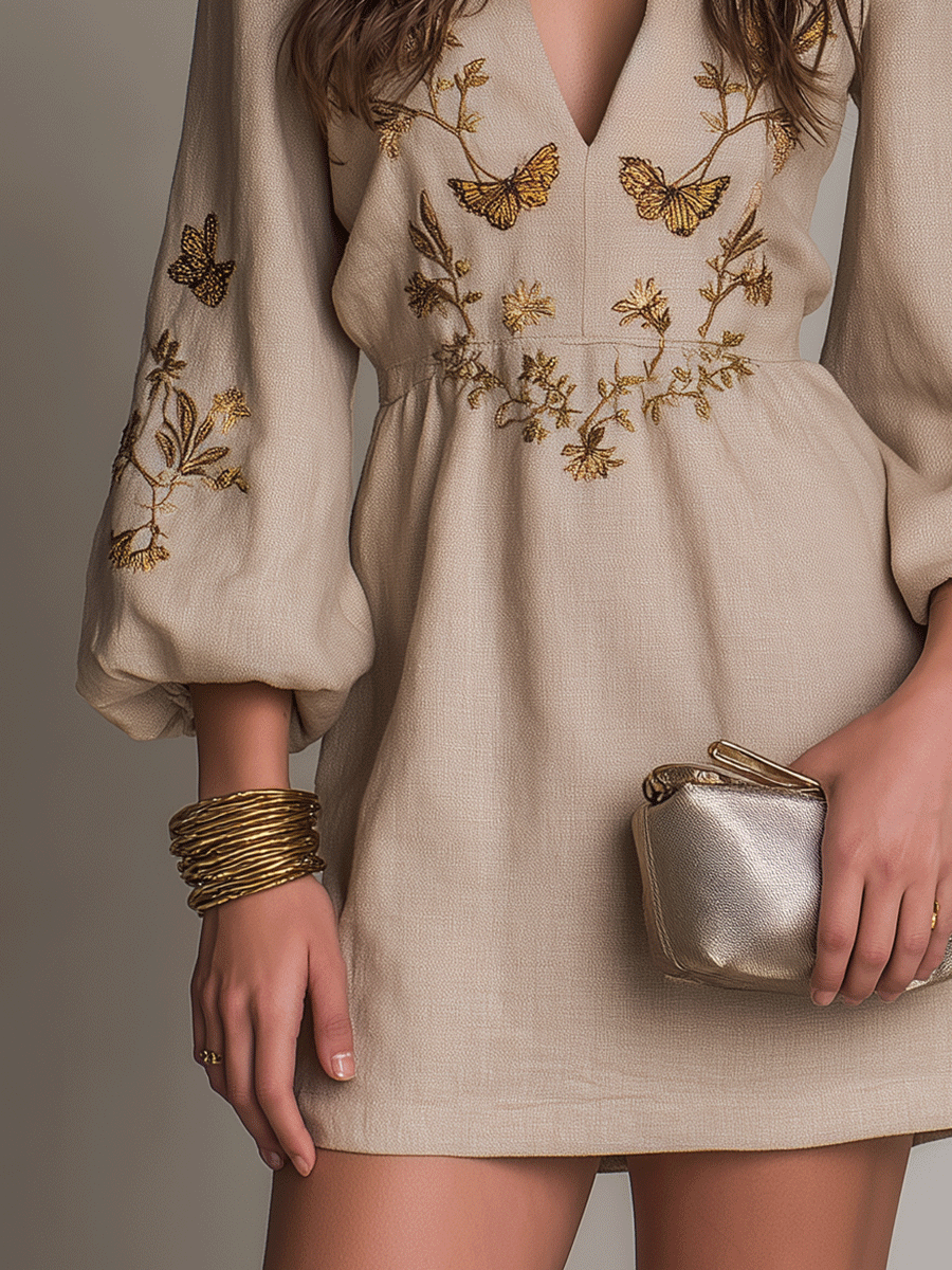 Bohemian Puff Sleeve Embroidered Short Mini Dress