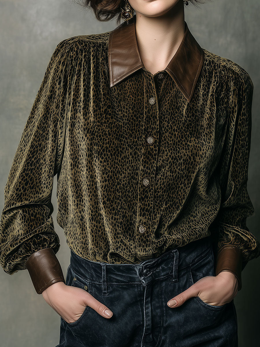 Vintage Leather Collar & Cuffs Leopard Print Velvet Button-Up Shirt