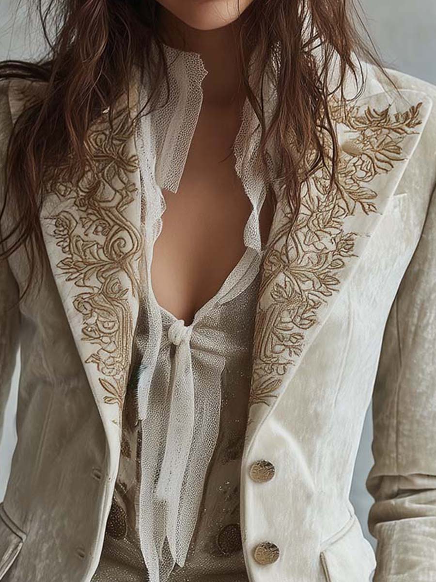 Ivory Velvet Embroidered Blazer With Lace Cuffs