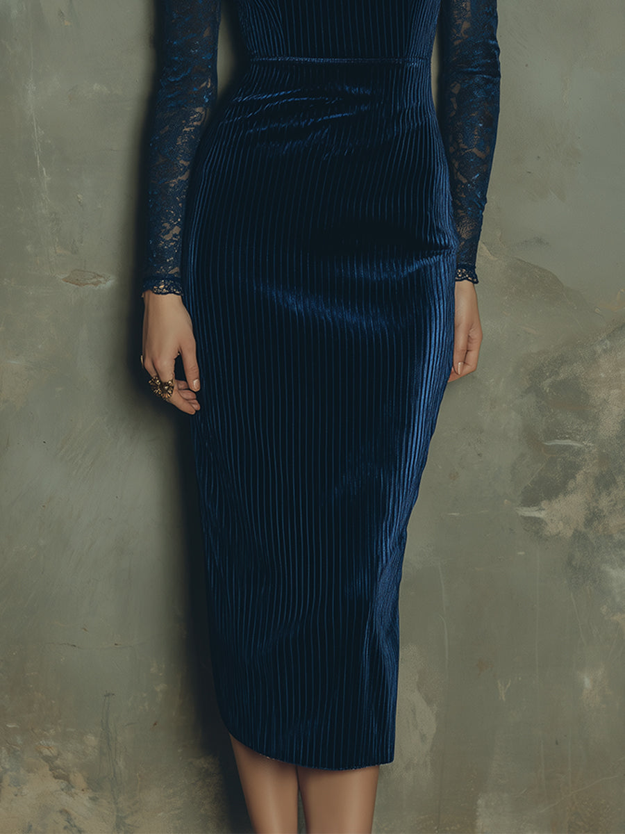 Quiet Luxury Lace Polyester Velvet Striped Slim Midi Dress