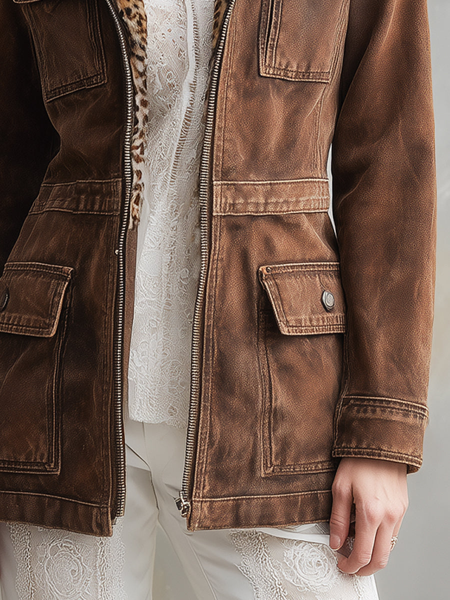 Bohemian Detachable Faux Fur Collar Washed Denim Jacket