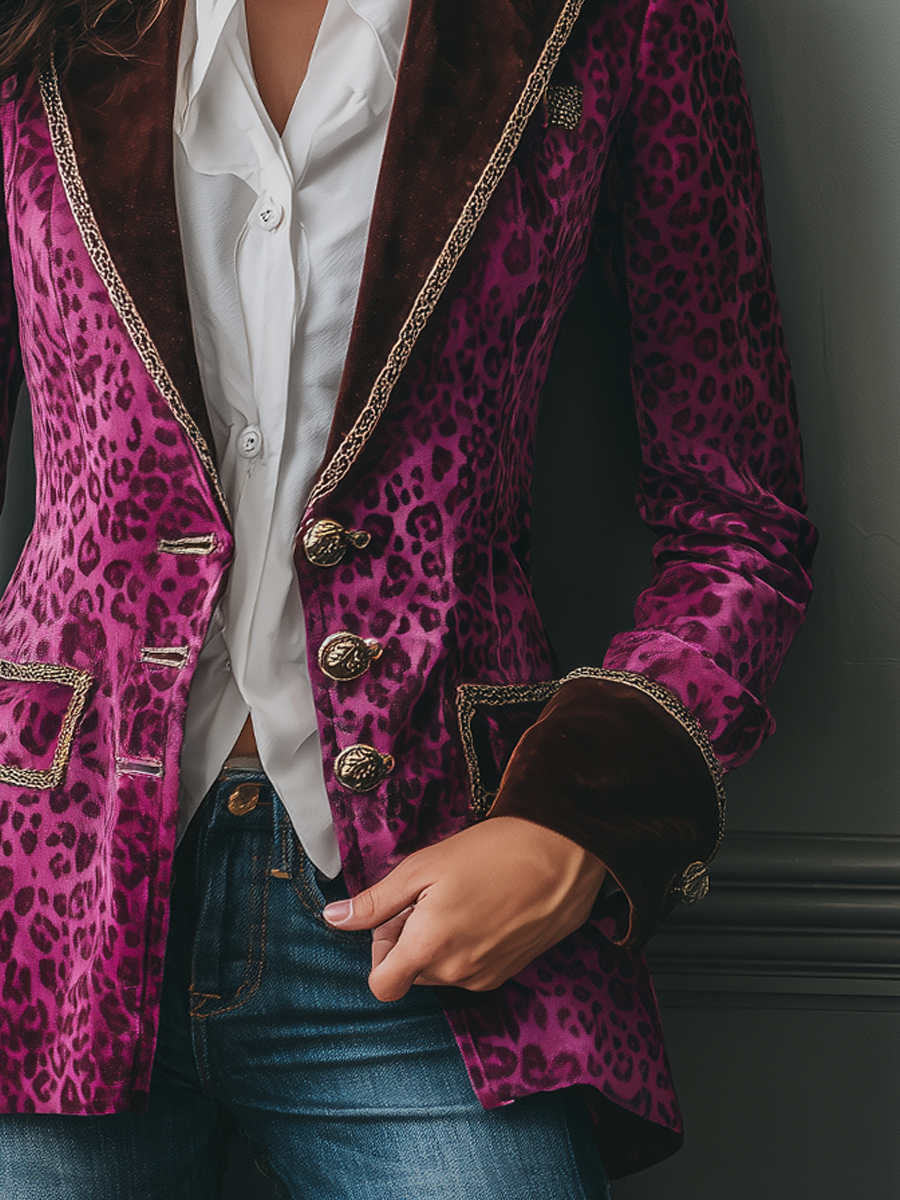 Retro Contrast Collar Metal Trim Leopard Print Velvet Blazer