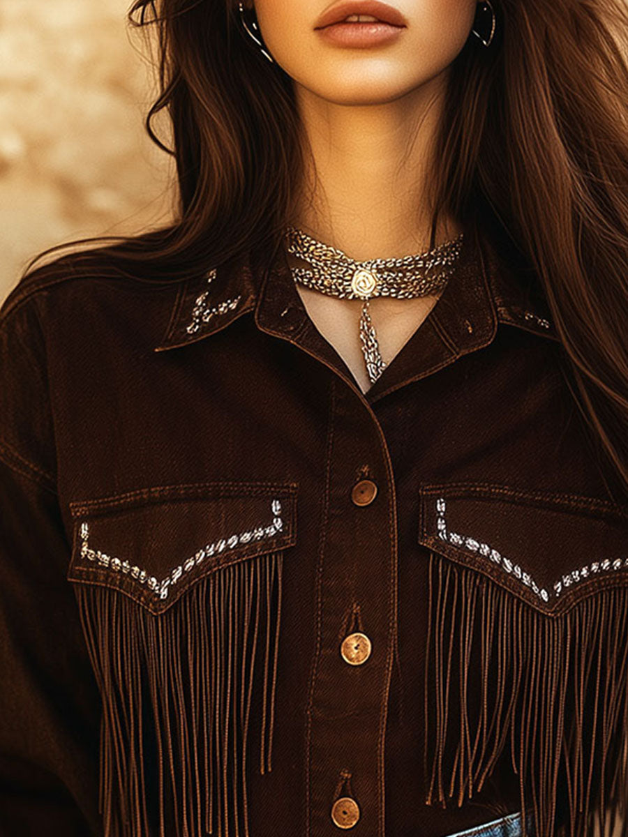 Western Dark Brown Fringe Shirt With Silver Accents
