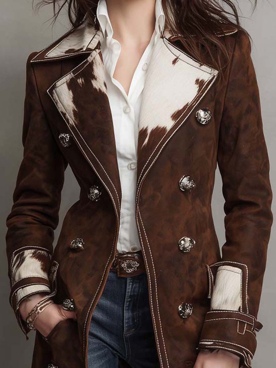 Cow Print Panel Faux Suede Long Coat