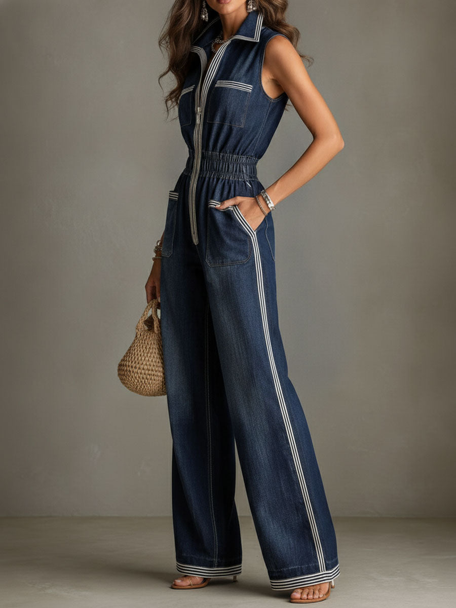Retro Contrast Trim Denim Elastic Waist Zipper Wide-Leg Jumpsuit