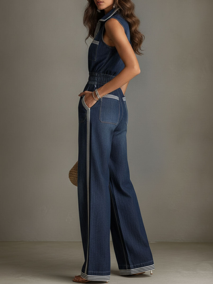 Retro Contrast Trim Denim Elastic Waist Zipper Wide-Leg Jumpsuit