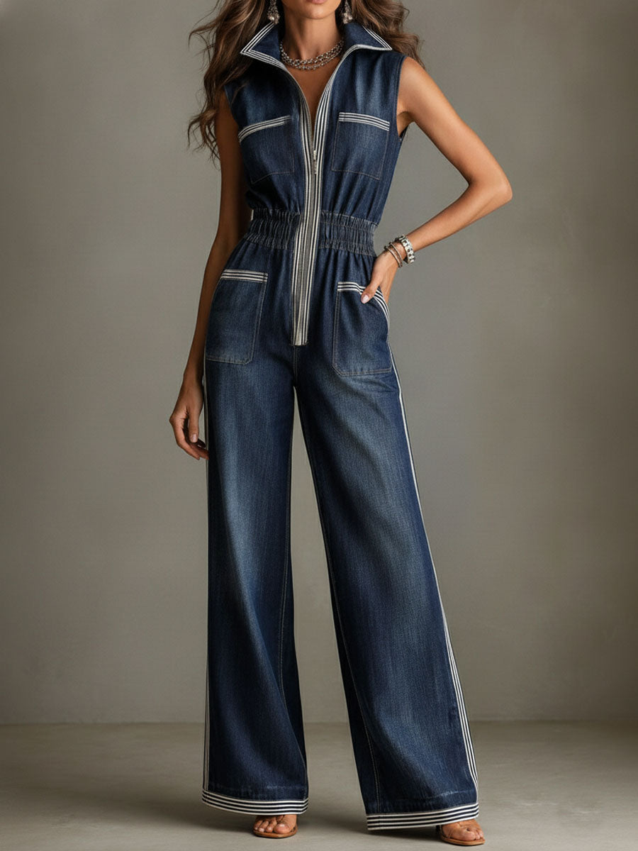 Retro Contrast Trim Denim Elastic Waist Zipper Wide-Leg Jumpsuit