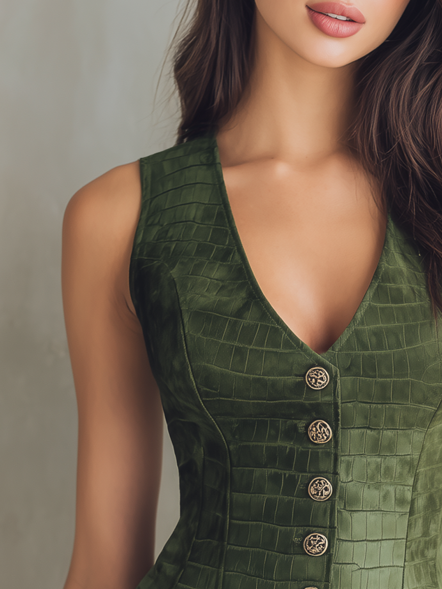 Vintage Buttons Crocodile Faux Suede Leather Vest