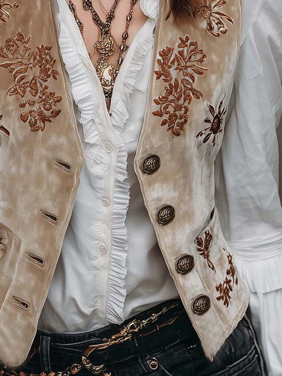 Beige Bohemian Vintage Chic Embroidered Velvet Vest