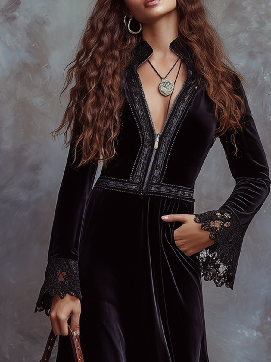 Vintage Embroidered Trim Lace Cuffs Polyester Velvet Maxi Dress