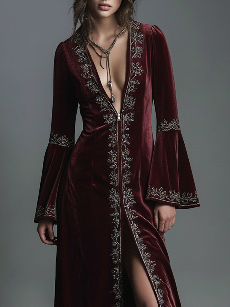 Romantic Drama Burgundy Velvet Opera Maxi Dress