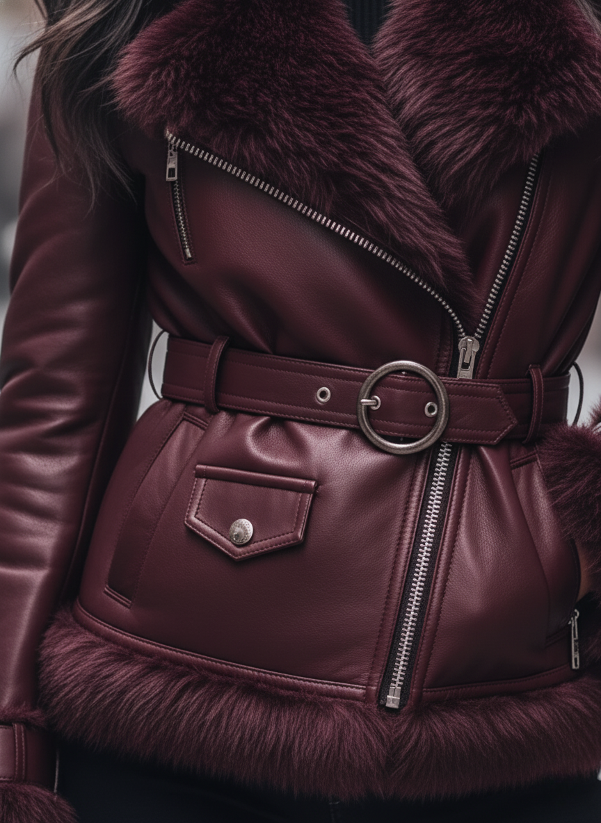 Regal Plum Shearling-Lined Moto Jacket