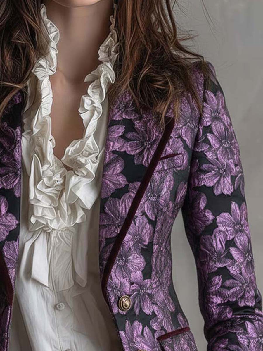 Purple Jacquard Velvet Blazer With Vintage Gold Buttons