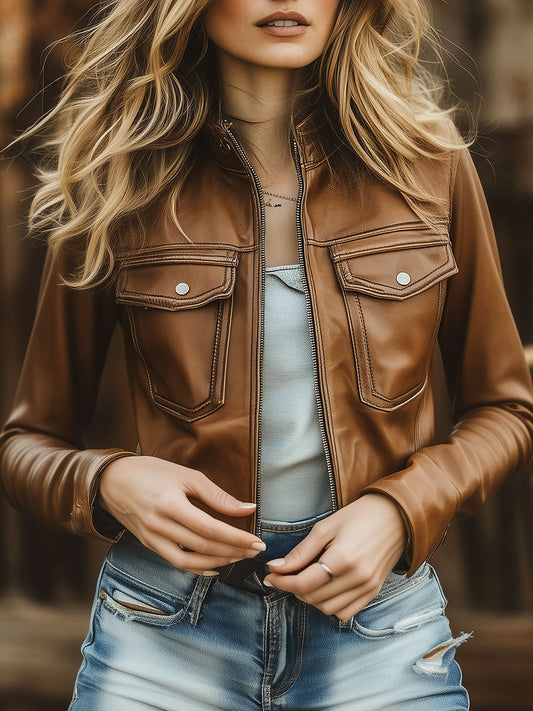 Vintage Camel Brown Eco Leather Cropped Moto Jacket