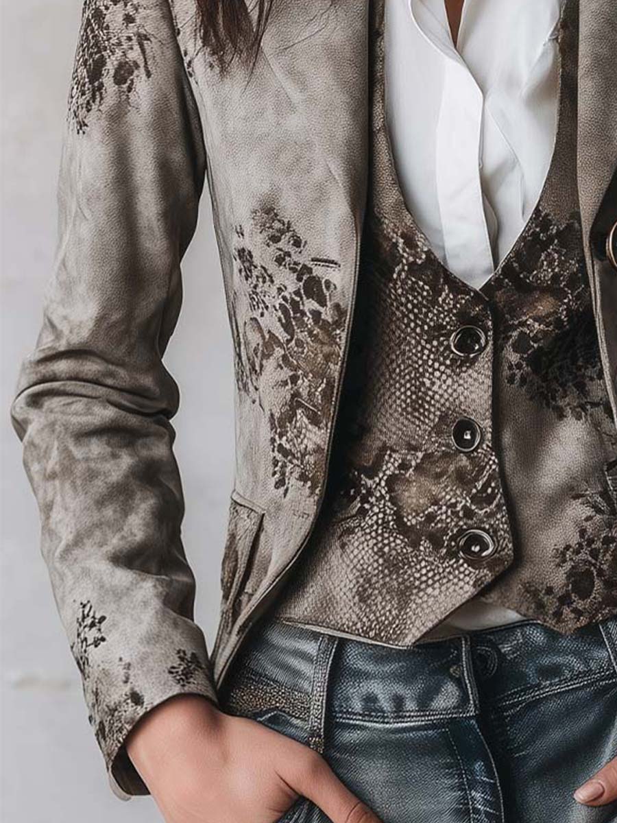 Vintage Floral Snake Pattern Eco-Suede Printed Blazer