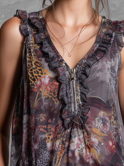 Boho Vintage Floral & Leopard Print Ruffle Chiffon Sleeveless Top