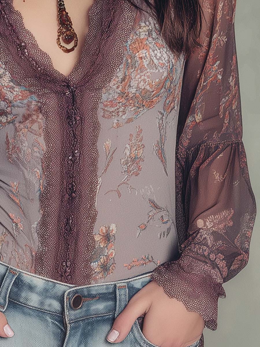 Bohemian Retro Lace Neck sheer Shirt