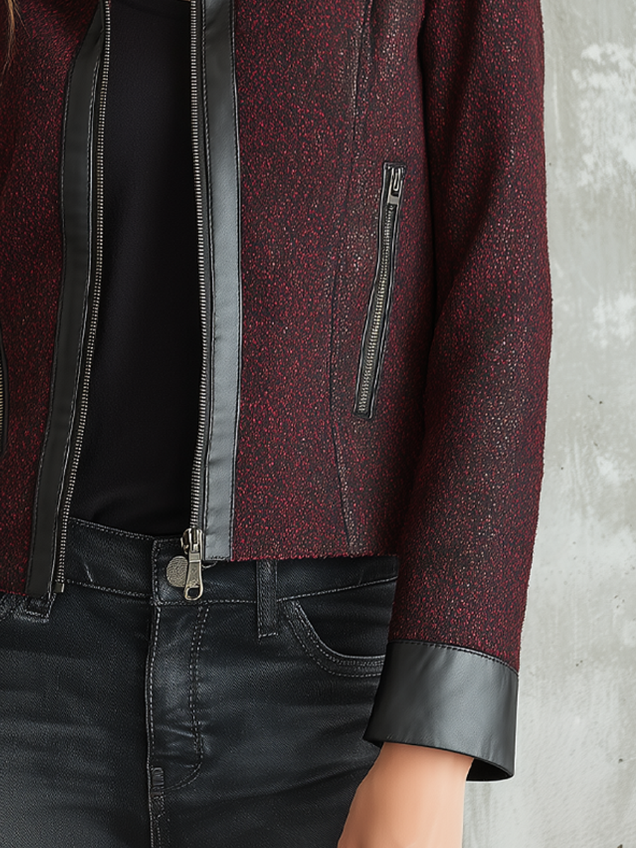 Vintage Eco-leather Trim Zipper Tweed Jacket