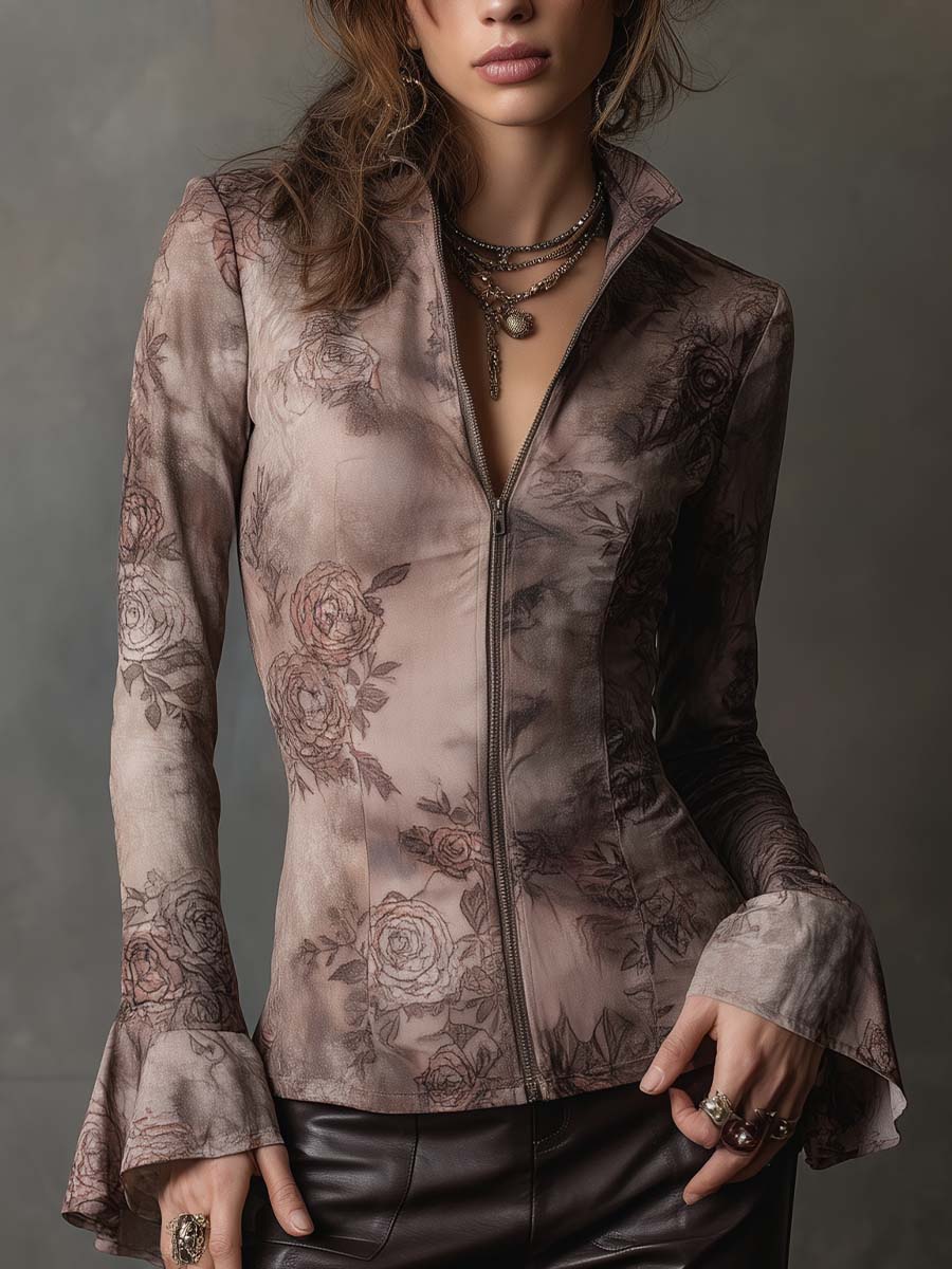 Eco-Suede Rose-Print Fitted Zip Jacket — Desert Botanical Edition