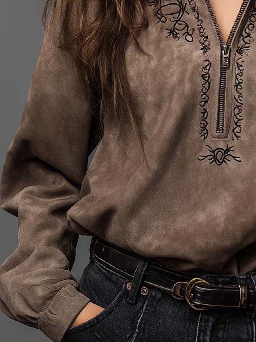 Vintage-Inspired Taupe Suede Embroidered Zip Top