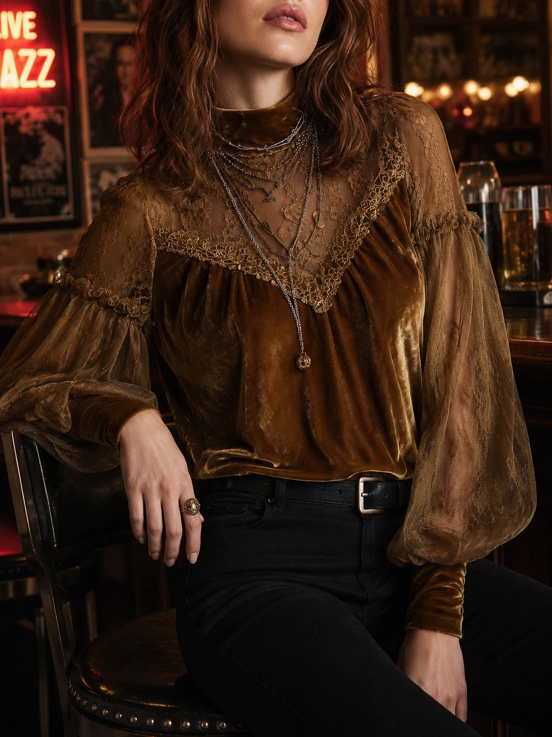 Retro Gold Velvet Lace Patchwork Balloon Sleeve Blouse