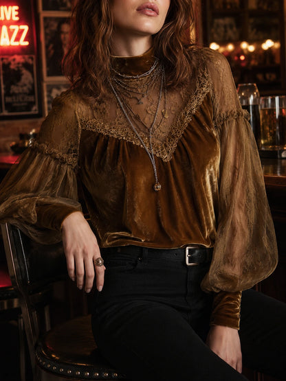 Retro Gold Velvet Lace Patchwork Balloon Sleeve Blouse