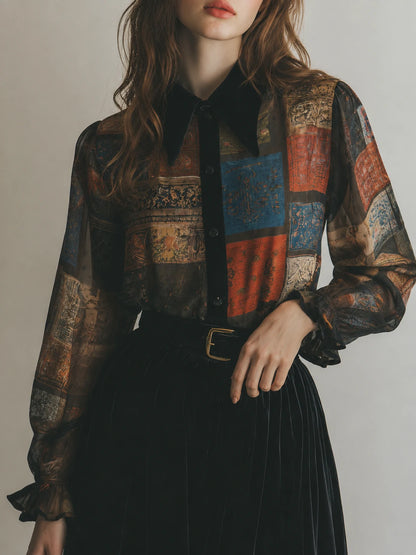 Retro Printed Velvet Patchwork Chiffon Balloon Sleeve Blouse