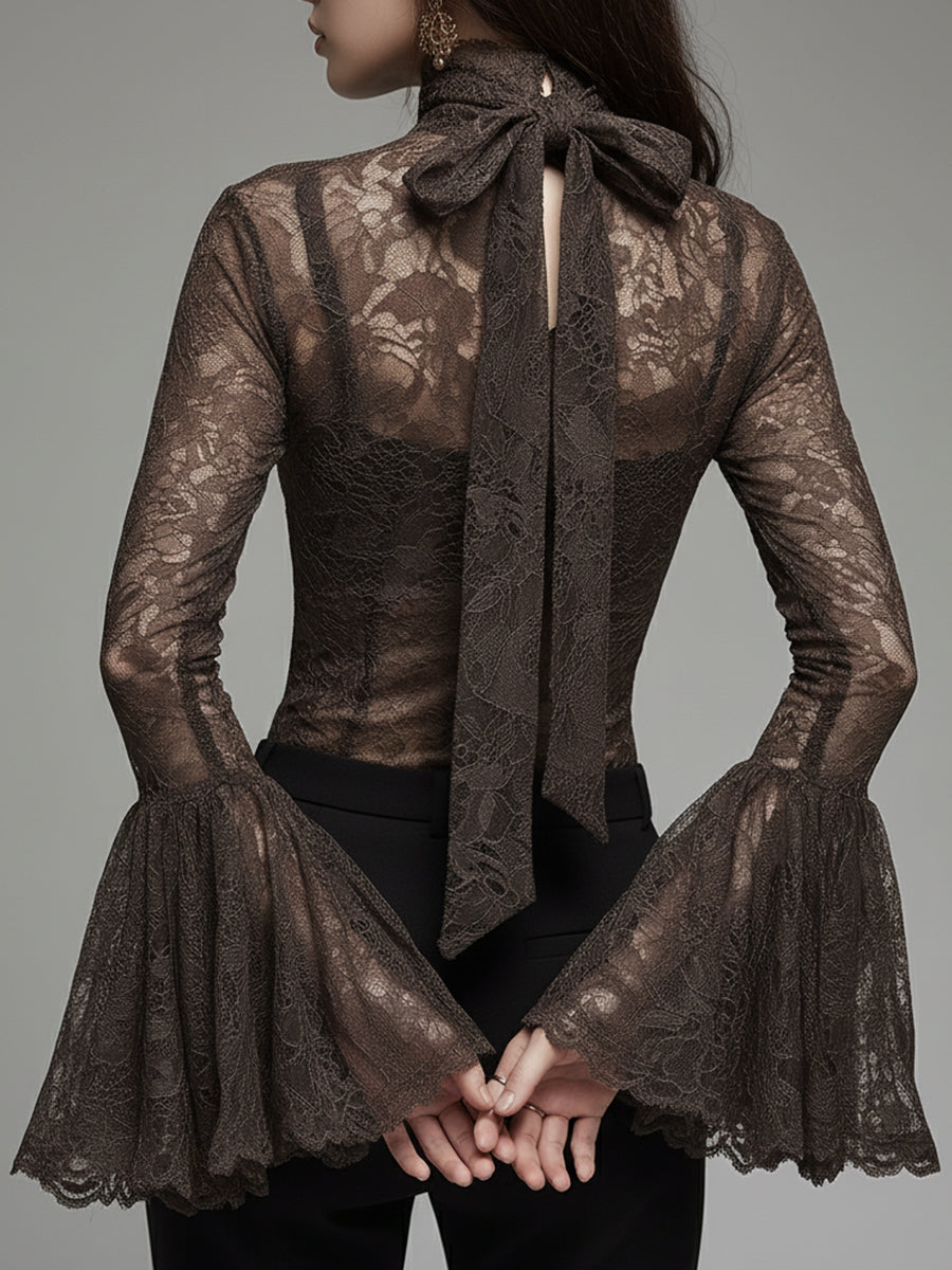 Lace Flared-sleeve Blouse With A Tie-neck Detail