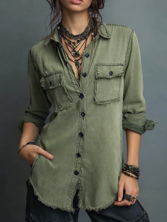 Vintage Raw Edge Long Sleeve Washed Blouse