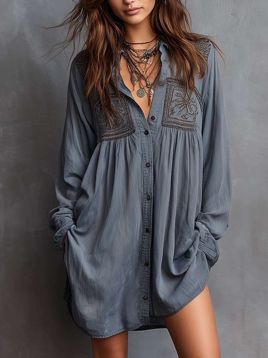 Retro Embroidered Loose-fitting Shirt Mini Dress