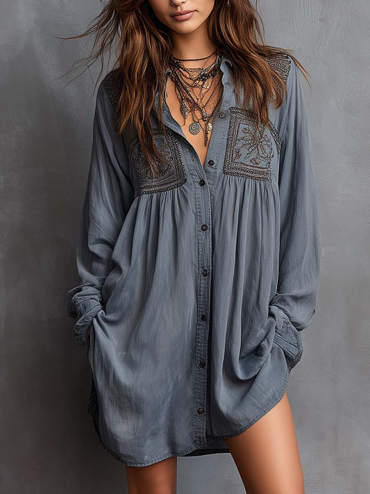 Retro Embroidered Loose-fitting Shirt Mini Dress