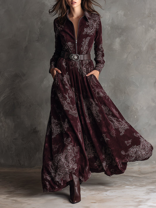 Bohemian Suede Printed Front Zip Maxi Dress