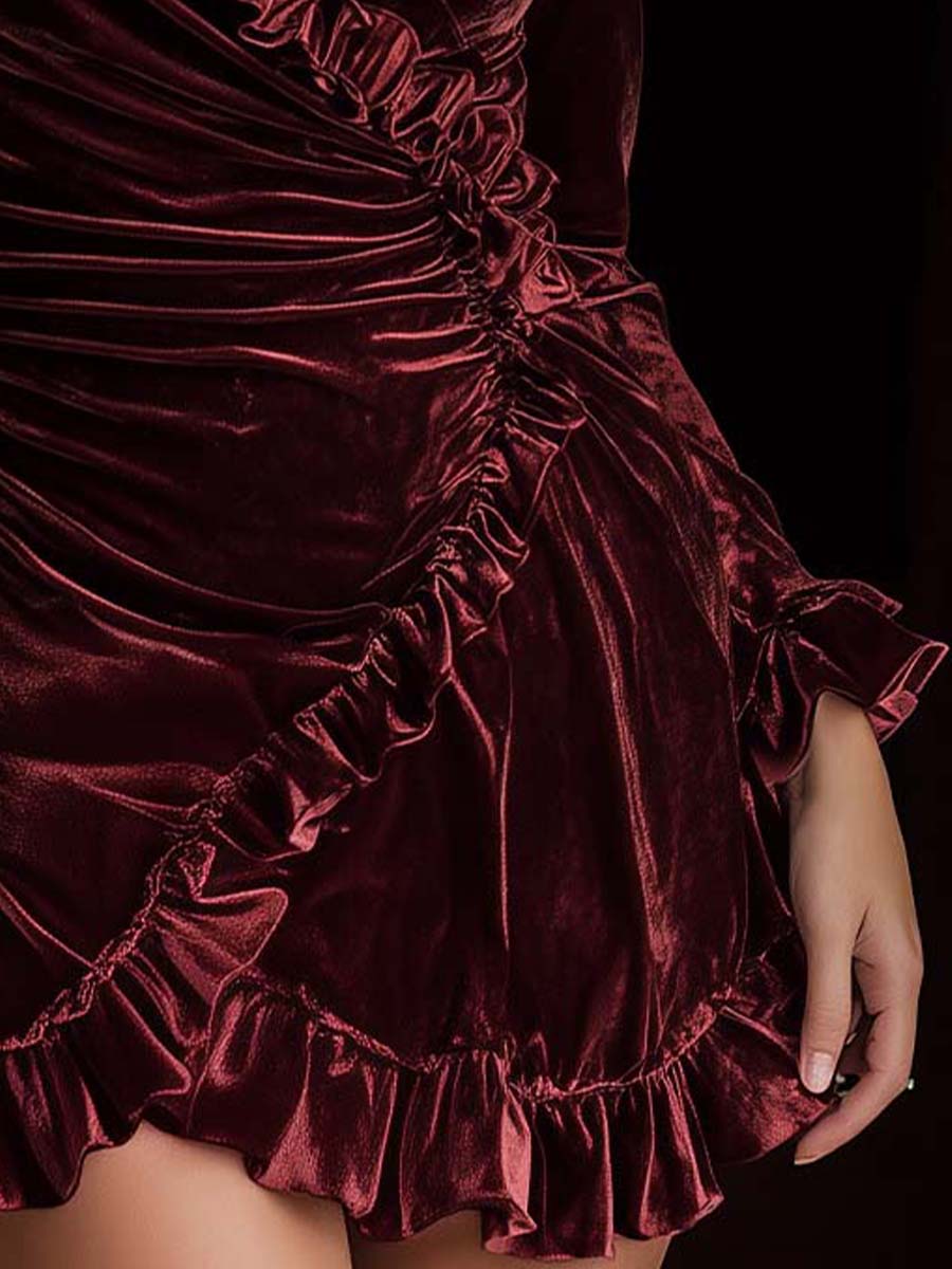 Wine Red Velvet Ruffled Wrap Mini Dress