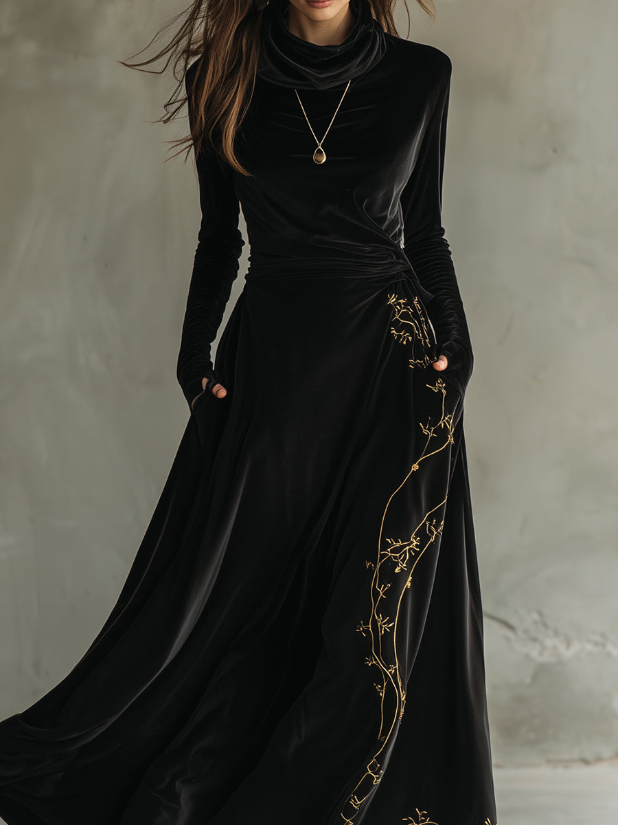 Pile Collar Polyester Velvet Embroidered A Line Maxi Dress