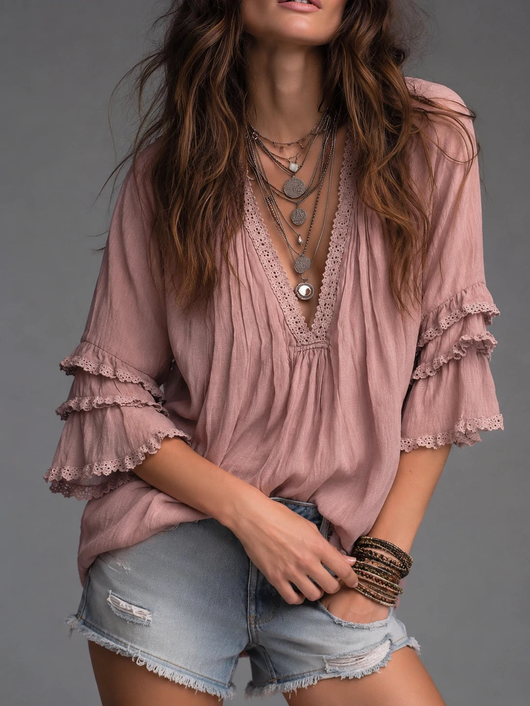 Retro Pleated Collar Ruffled Cuffs Lace Cotton Linen Blouse