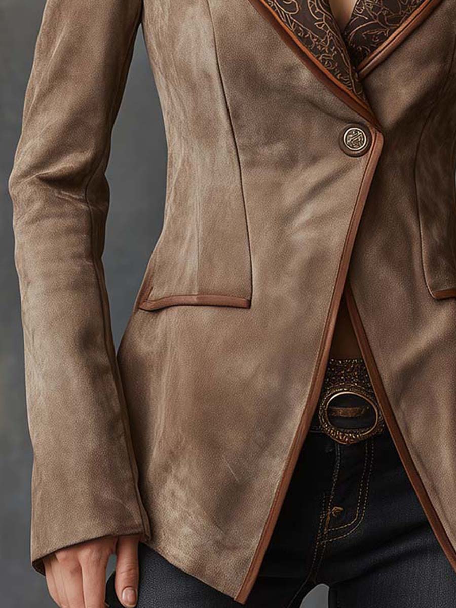 Vintage Taupe Suede Blazer With Printed Lapel