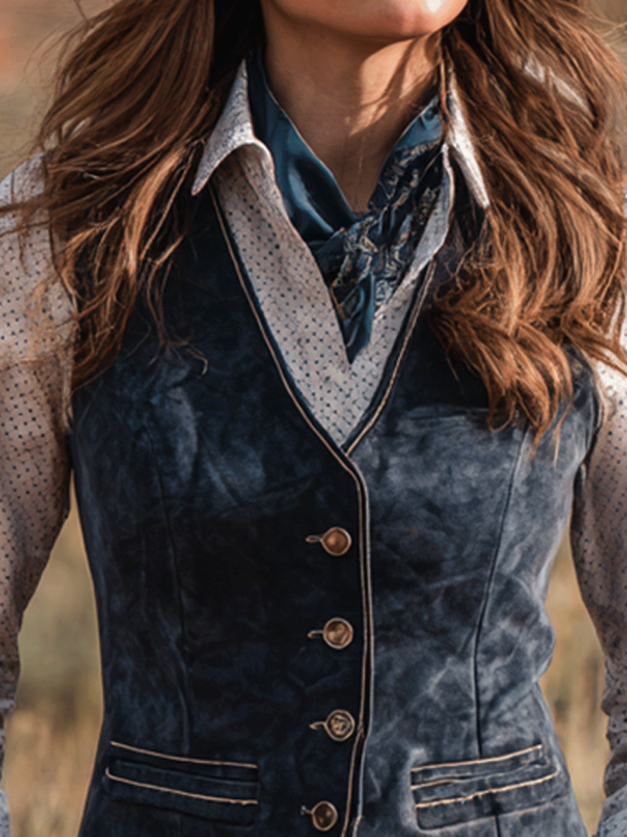 Retro Western Cowboy Style Contrasting Blue Faux Suede Vest