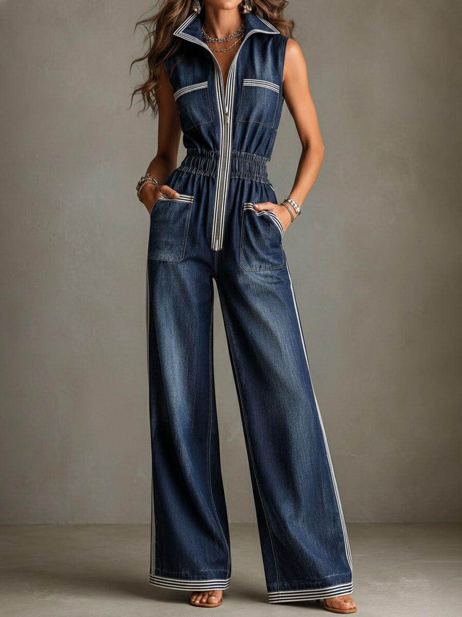 Retro Contrast Trim Denim Elastic Waist Zipper Wide-Leg Jumpsuit