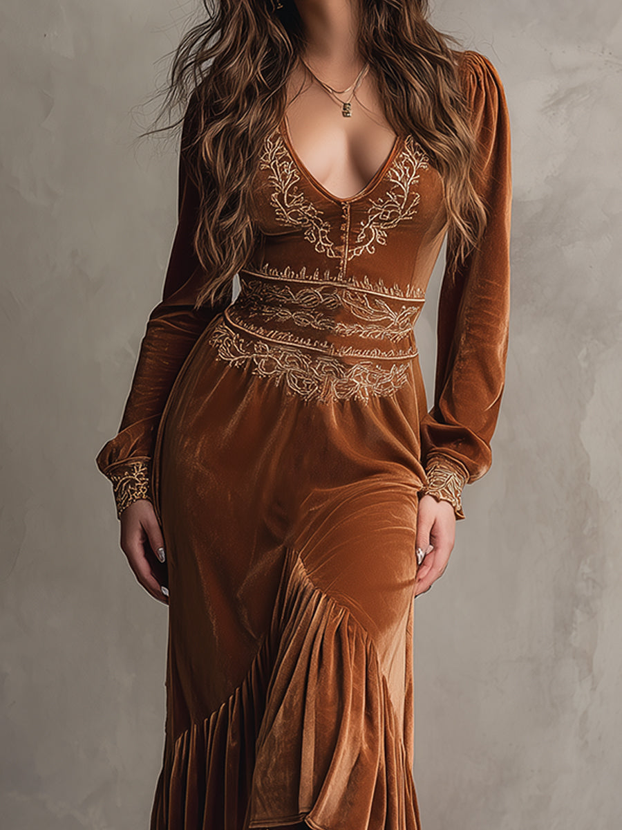 Retro Embroidered Ruffle Hem Velvet Midi Dress