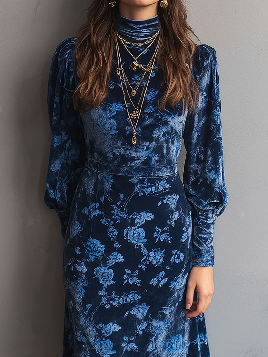 Retro Turtleneck Rose Print Velvet Midi Dress