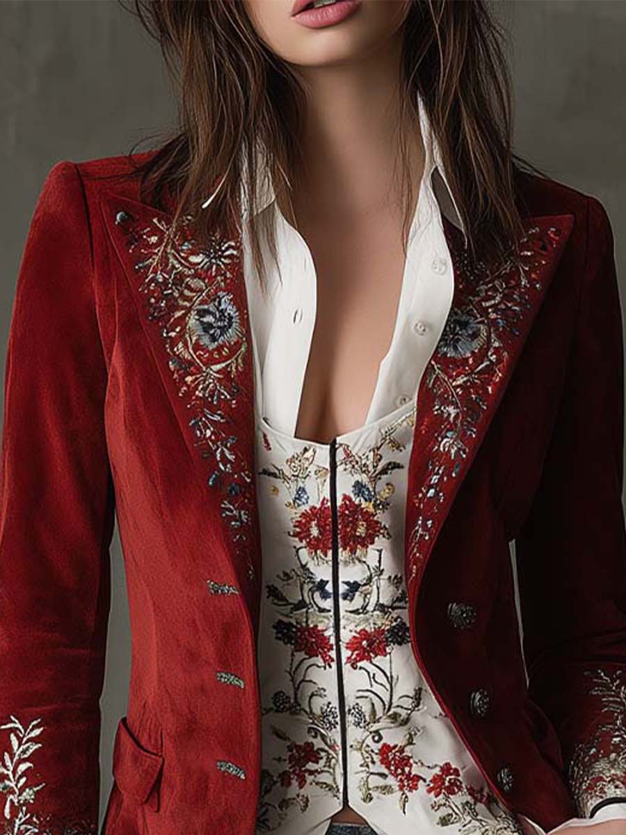 Regal Bohemian Elegance Embroidered Suede Long Blazer