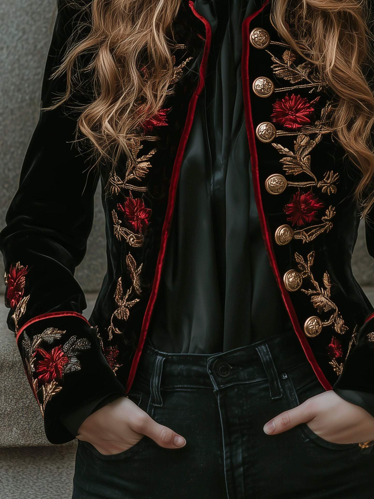 Vintage Black Velvet Embroidered Military Gold Button Blazer