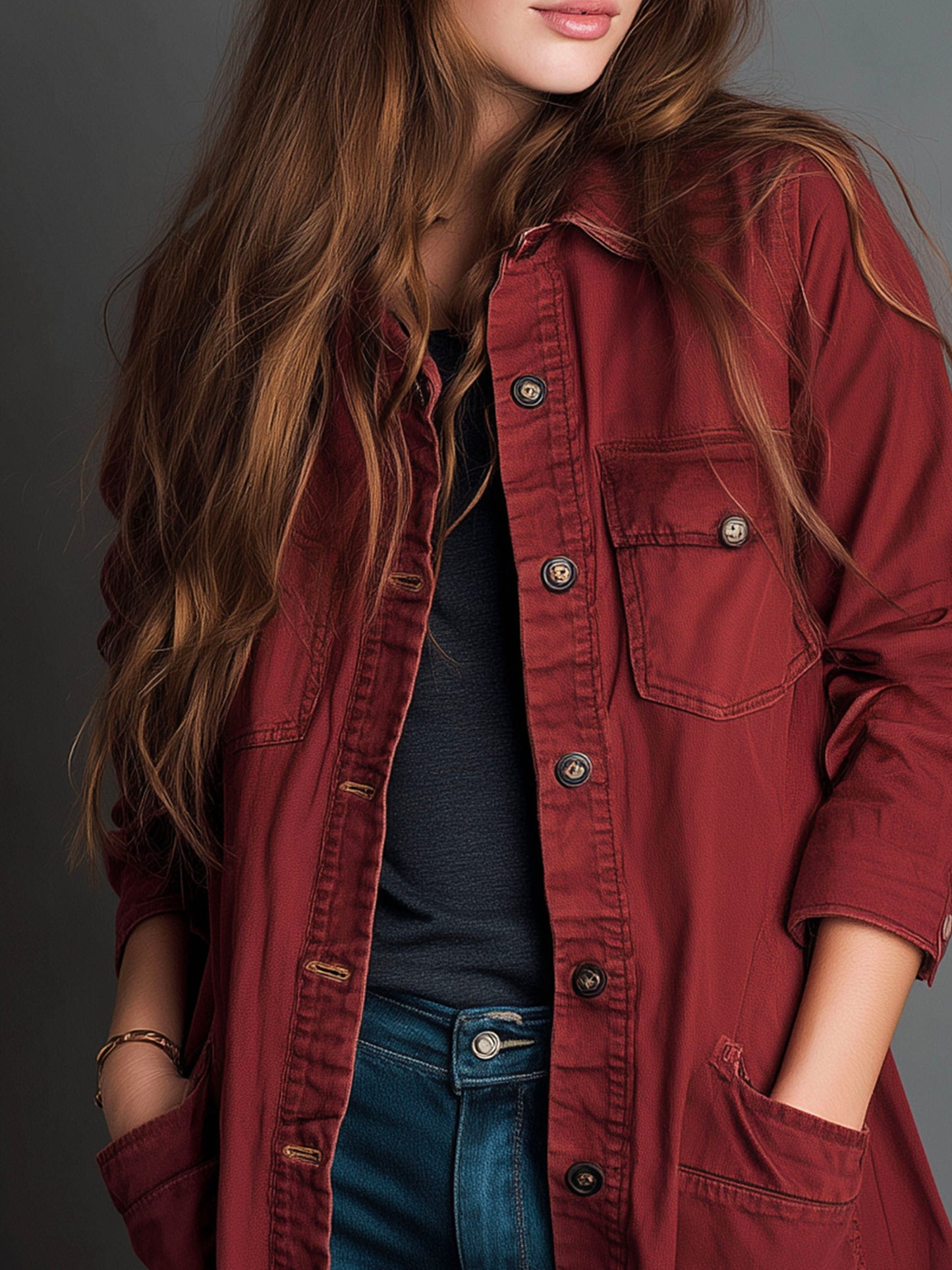 Rust Red Utility Longline Jacket With Pockets