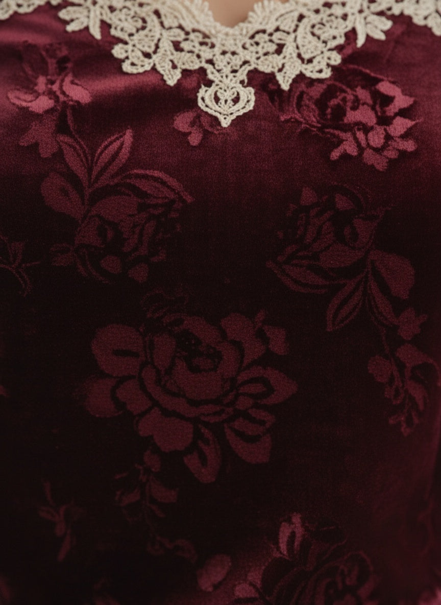 The Velvet Damask Square Neck Blouse with Lace Trim