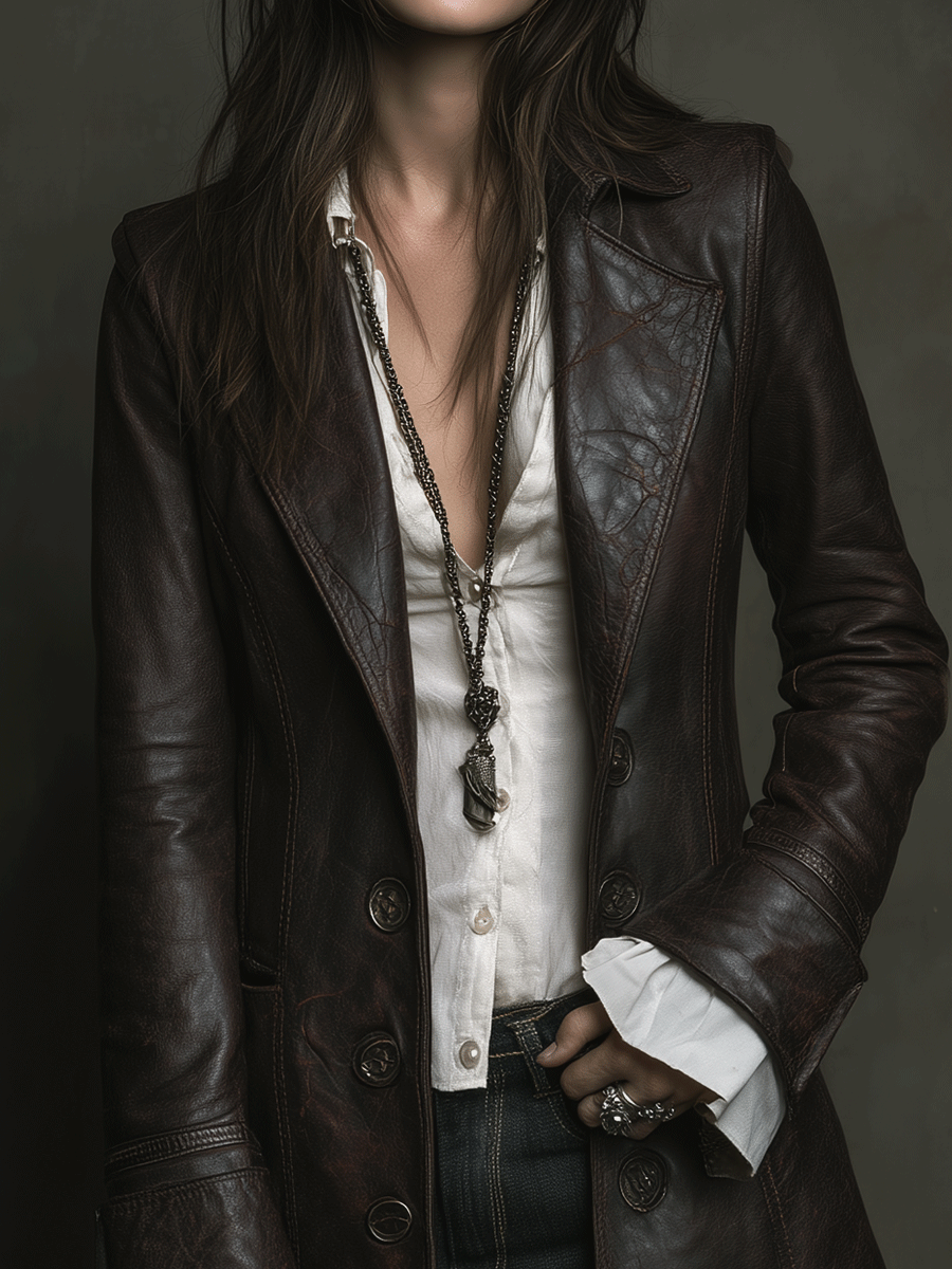 Vintage Brown Leather Tailored Long Coat