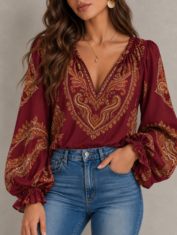 Paisley Print Deep-V Lantern Sleeve Blouse
