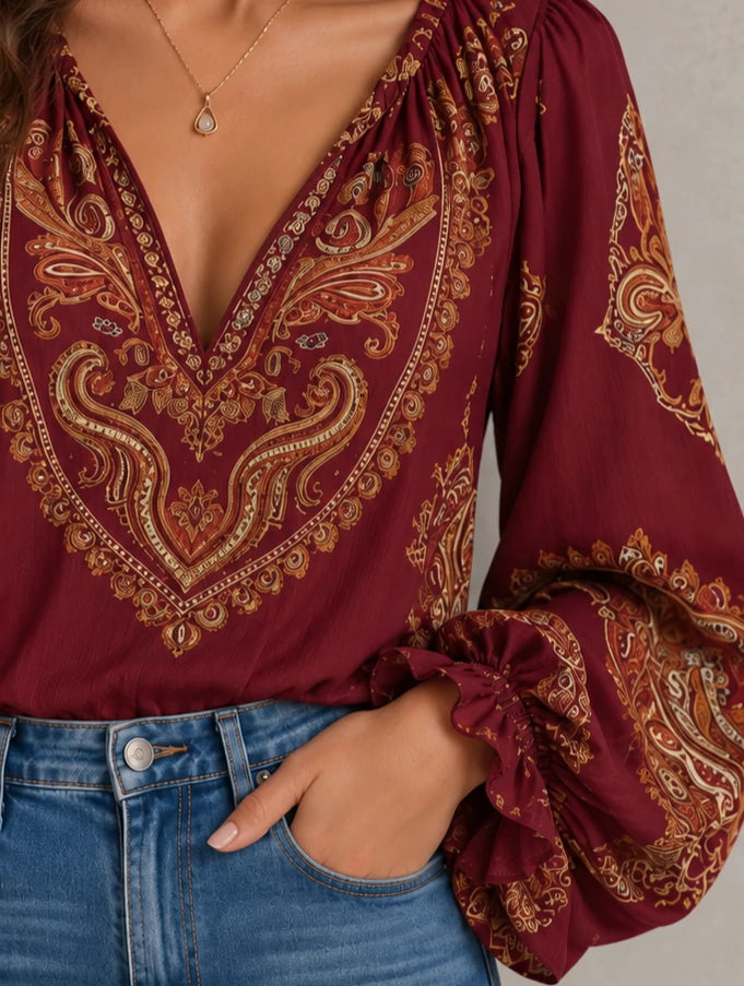 Paisley Print Deep-V Lantern Sleeve Blouse