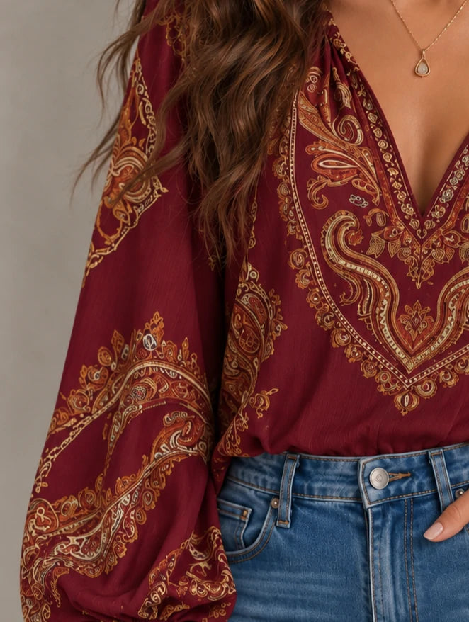 Paisley Print Deep-V Lantern Sleeve Blouse